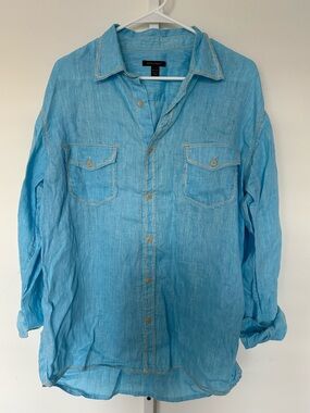 Martin Gordon 100% Linen Button Up Shirt Blue Lightweight Casual Mens L